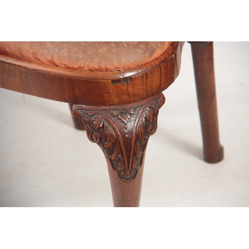 1319 - A PAIR OF GEORGE I WALNUT SIDE CHAIRS with shaped backs and drop-in seats; standing on carved cabrio... 