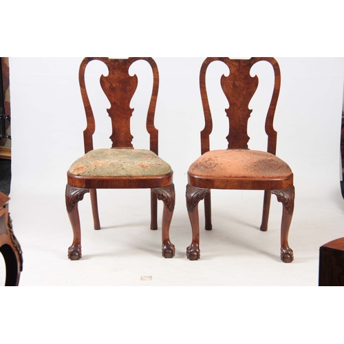 1319 - A PAIR OF GEORGE I WALNUT SIDE CHAIRS with shaped backs and drop-in seats; standing on carved cabrio... 