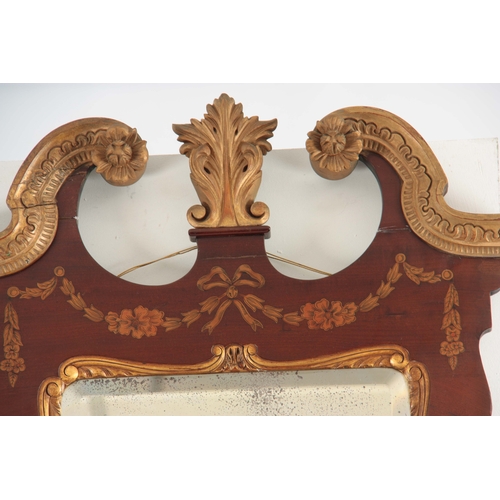 1323 - A GEORGE II STYLE MAHOGANY AND GILT WORK HANGING MIRROR with swan neck top above a carved mahogany f... 