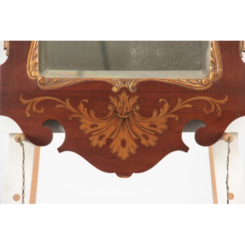 1323 - A GEORGE II STYLE MAHOGANY AND GILT WORK HANGING MIRROR with swan neck top above a carved mahogany f... 