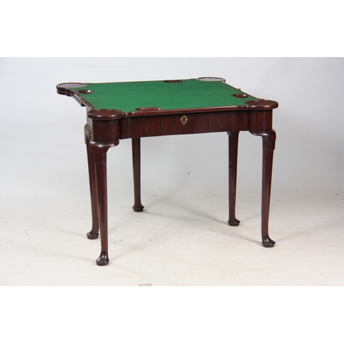 1324 - A GEORGE II MAHOGANY TRIPLE TOP FOLD OVER TABLE having a tea table and baize card table with guinea ... 