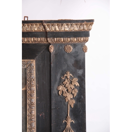 1326 - A 19TH CENTURY EBONISED AND ORMOLU MOUNTED OVERMANTEL MIRROR with bevelled mirror plate and fixed dr... 