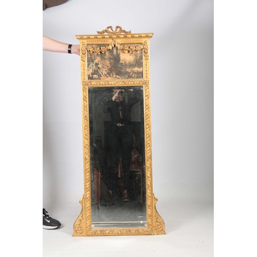 1327 - A 19TH CENTURY FRENCH GILT GESSO PIER MIRROR AND CONSOLE TABLE with a classical scene to the top sur... 