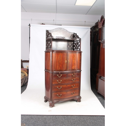 1331 - AN UNUSUAL SERPENTINE THREE TIER CABINET ON CHEST IN MANNER OF CHIPPENDALE with a two-tier fret cut ... 