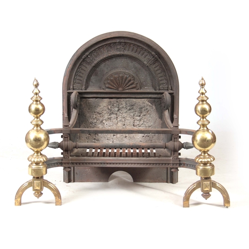 1335 - A 19TH CENTURY CAST IRON FIREGRATE with detachable brass dogs and an arched moulded back 72cm high 8... 