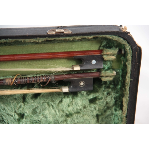 776 - 2 VIOLINS AND 4 VIOLIN BOWS IN A DOUBLE VIOLIN CASE including an Italian violin labelled Antonio Lec... 