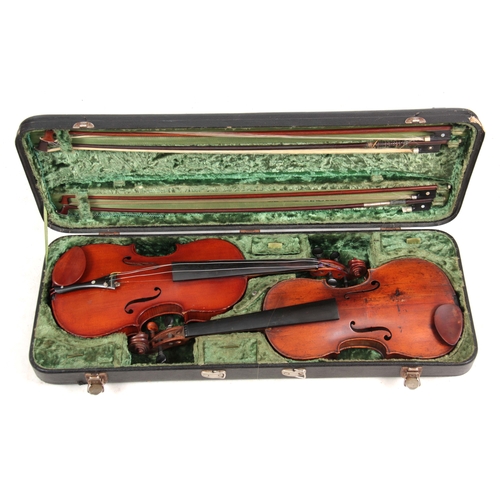 776 - 2 VIOLINS AND 4 VIOLIN BOWS IN A DOUBLE VIOLIN CASE including an Italian violin labelled Antonio Lec... 