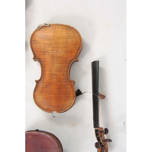 779 - A COLLECTION OF 7 VIOLINS AND 13 VIOLIN BOWS including a labelled Breton Brevete, length of back 35.... 