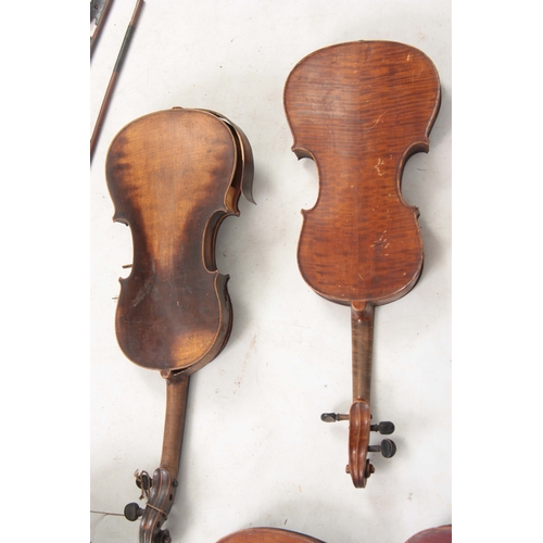 779 - A COLLECTION OF 7 VIOLINS AND 13 VIOLIN BOWS including a labelled Breton Brevete, length of back 35.... 