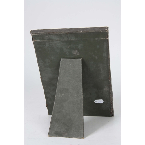 462 - AN ARTS AND CRAFTS BEATEN PEWTER PHOTOGRAPH FRAME set with a blue Ruskin style large oval ceramic me... 