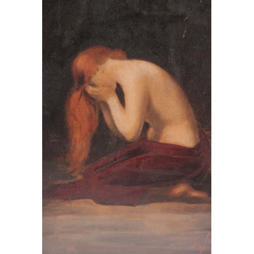 589 - P. BERNARD OIL ON CANVAS Late 19TH CENTURY PRE-RAPHAELITE STYLE KNEELING PORTRAIT of a half-nude gir... 