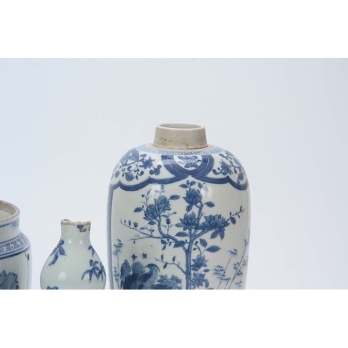 104 - A COLLECTION OF 18TH - 19TH CENTURY CHINESE BLUE AND WHITE PORCELAIN VASES the smaller with a later ... 