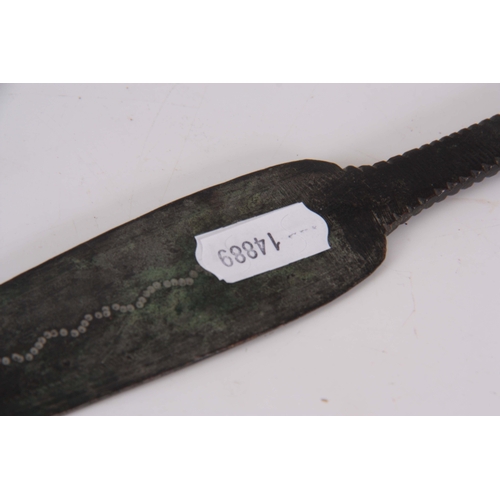 306 - AN EARLY ROMAN / MEDIEVAL BRONZE SPEARHEAD with punched decoration 30.5cm overall.