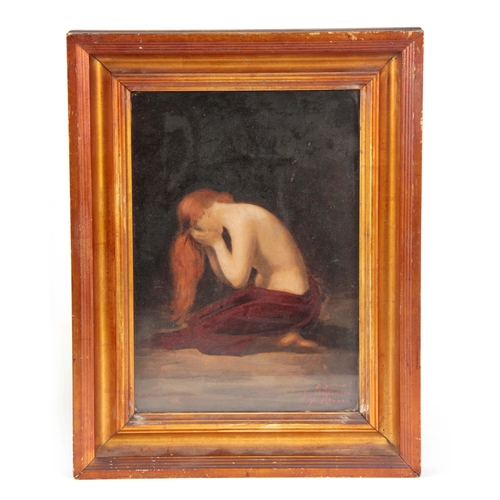 589 - P. BERNARD OIL ON CANVAS Late 19TH CENTURY PRE-RAPHAELITE STYLE KNEELING PORTRAIT of a half-nude gir... 