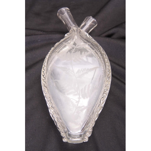 3 - A 19TH CENTURY BOHEMIAN DOUBLE SIDED CLEAR GLASS GIMMEL FLASK of flattened tapering shouldered form ... 