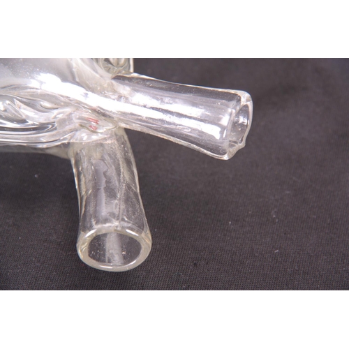 3 - A 19TH CENTURY BOHEMIAN DOUBLE SIDED CLEAR GLASS GIMMEL FLASK of flattened tapering shouldered form ... 