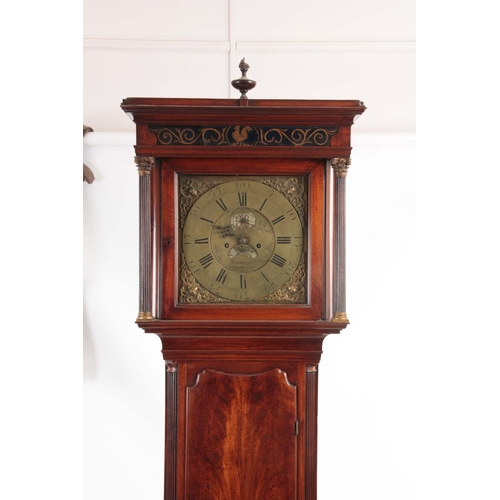 653 - STEPHENSON, CONGLETON  A GEORGE III FIGURED MAHOGANY LONGCASE CLOCK having a moulded pediment and gl... 