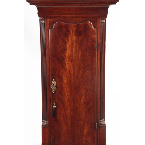 653 - STEPHENSON, CONGLETON  A GEORGE III FIGURED MAHOGANY LONGCASE CLOCK having a moulded pediment and gl... 