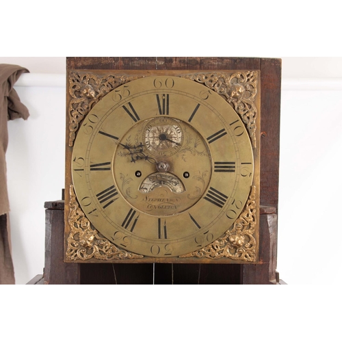 653 - STEPHENSON, CONGLETON  A GEORGE III FIGURED MAHOGANY LONGCASE CLOCK having a moulded pediment and gl... 