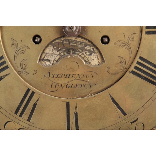 653 - STEPHENSON, CONGLETON  A GEORGE III FIGURED MAHOGANY LONGCASE CLOCK having a moulded pediment and gl... 