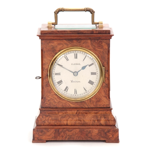 686 - CLERKE, LONDON   A SMALL 19TH CENTURY BURR WALNUT CARRIAGE STYLE FUSEE MANTEL CLOCK WITH ALARM the c... 