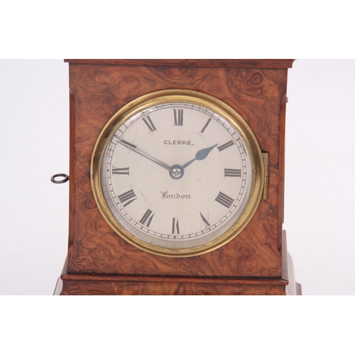 686 - CLERKE, LONDON   A SMALL 19TH CENTURY BURR WALNUT CARRIAGE STYLE FUSEE MANTEL CLOCK WITH ALARM the c... 