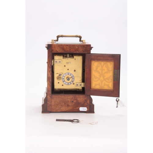 686 - CLERKE, LONDON   A SMALL 19TH CENTURY BURR WALNUT CARRIAGE STYLE FUSEE MANTEL CLOCK WITH ALARM the c... 