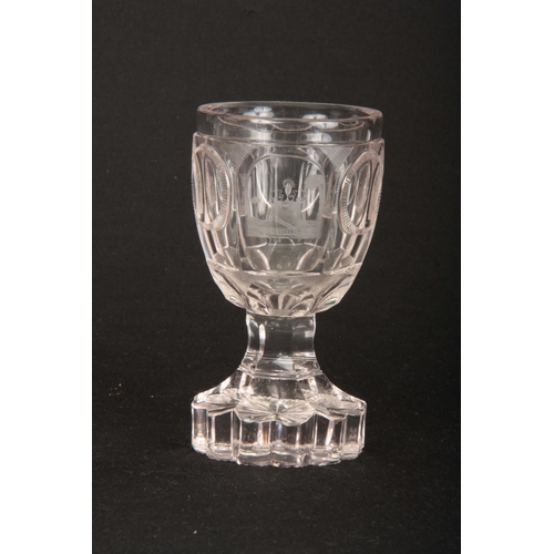 8 - A 19TH CENTURY EUROPEAN GLASS GOBLET with petal-shaped star cut base on a hexagonal stem and facette... 