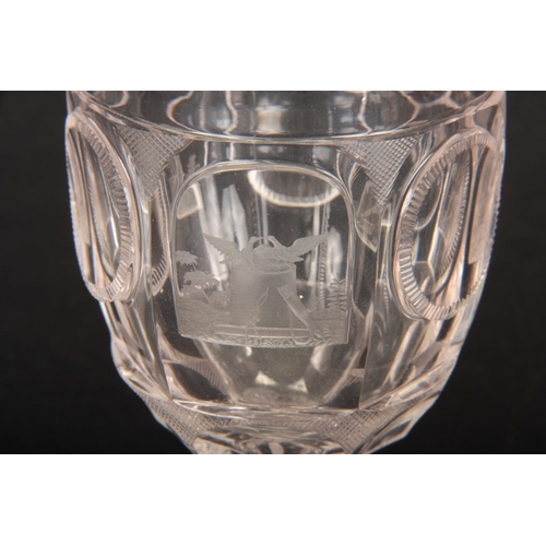 8 - A 19TH CENTURY EUROPEAN GLASS GOBLET with petal-shaped star cut base on a hexagonal stem and facette... 