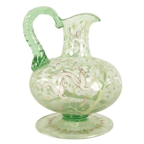 10 - AN 18TH/19TH CENTURY CONTINENTAL PALE GREEN GLASS EWER with broad foot and squat bulbous body beneat... 