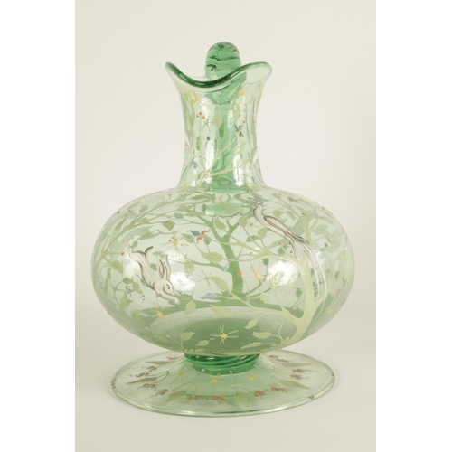 10 - AN 18TH/19TH CENTURY CONTINENTAL PALE GREEN GLASS EWER with broad foot and squat bulbous body beneat... 