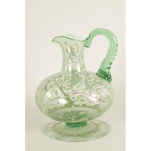 10 - AN 18TH/19TH CENTURY CONTINENTAL PALE GREEN GLASS EWER with broad foot and squat bulbous body beneat... 