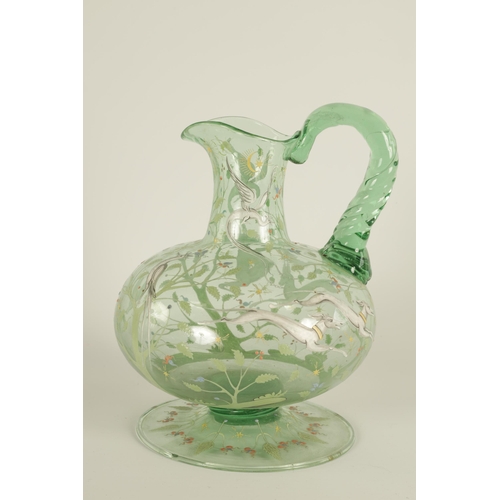 10 - AN 18TH/19TH CENTURY CONTINENTAL PALE GREEN GLASS EWER with broad foot and squat bulbous body beneat... 