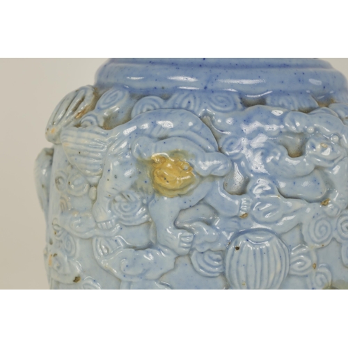 100 - A 19TH CENTURY PALE BLUE GLAZED RELIEF MOULDED CHINESE PORCELAIN VASE decorated with dogs of fo amid... 