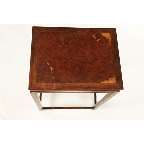 101 - A 20TH CENTURY CHINESE HARDWOOD OCCASIONAL TABLE with burr wood panelled top above a shaped base wit... 