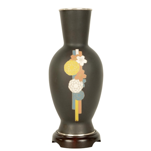 103 - A CHINESE CLOISONNÉ VASE ON STAND of baluster form, matt black ground decorated with stylised flower... 