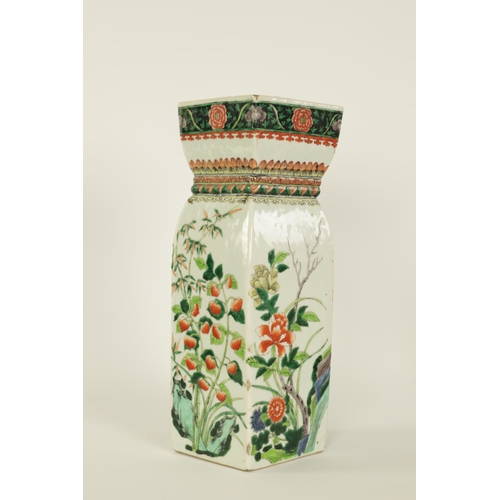 105 - A CHINESE KANGXI PERIOD FAMILLE VERTE SHAPED SQUARE VASE decorated with birds and flowering branchwo... 