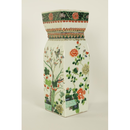 105 - A CHINESE KANGXI PERIOD FAMILLE VERTE SHAPED SQUARE VASE decorated with birds and flowering branchwo... 