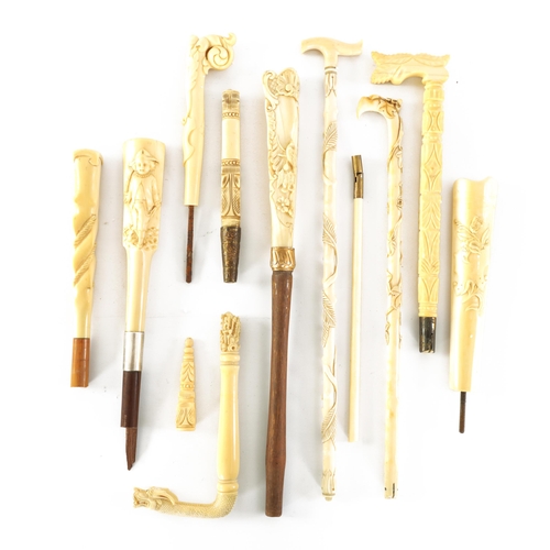 107 - A COLLECTION OF TEN 19TH CENTURY CARVED IVORY PARASOL HANDLES (34cm and smaller)