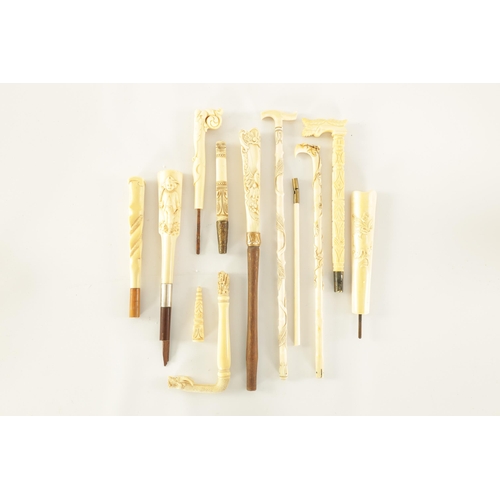 107 - A COLLECTION OF TEN 19TH CENTURY CARVED IVORY PARASOL HANDLES (34cm and smaller)