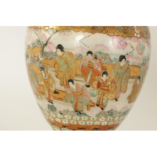 108 - A FINE JAPANESE MEIJI PERIOD BULBOUS SATSUMA VASE decorated with figural garden scenes and pink blos... 