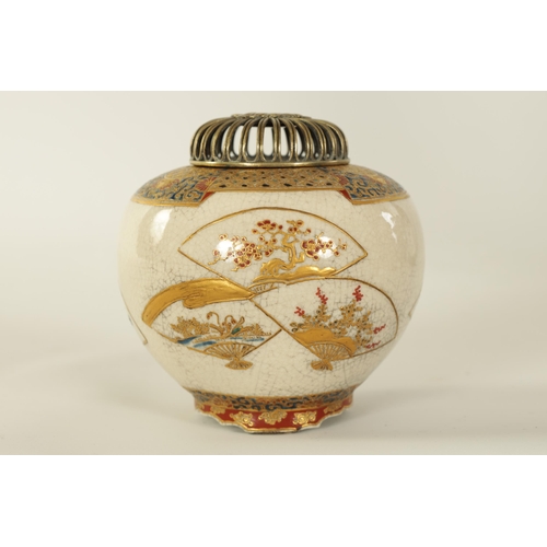 109 - A FINE JAPANESE MEIJI PERIOD SATSUMA KORO with pierced silver domed top above a finely decorated bul... 