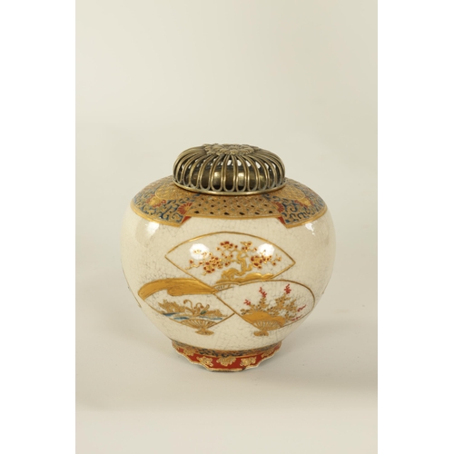 109 - A FINE JAPANESE MEIJI PERIOD SATSUMA KORO with pierced silver domed top above a finely decorated bul... 