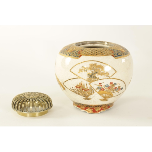 109 - A FINE JAPANESE MEIJI PERIOD SATSUMA KORO with pierced silver domed top above a finely decorated bul... 