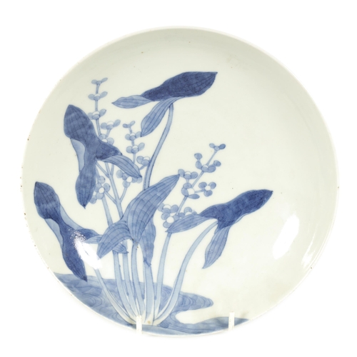 112 - A JAPANESE EDO PERIOD BLUE AND WHITE PORCELAIN DISH with lily spray decoration (20.5cm diameter )