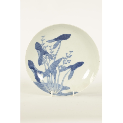 112 - A JAPANESE EDO PERIOD BLUE AND WHITE PORCELAIN DISH with lily spray decoration (20.5cm diameter )