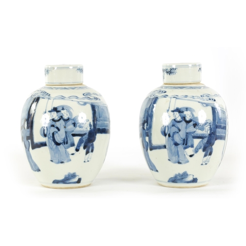 115 - A PAIR OF 19TH CENTURY CHINESE BLUE AND WHITE OVOID GINGER JARS AND COVERS with continuous fenced ga... 