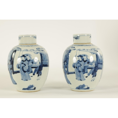 115 - A PAIR OF 19TH CENTURY CHINESE BLUE AND WHITE OVOID GINGER JARS AND COVERS with continuous fenced ga... 