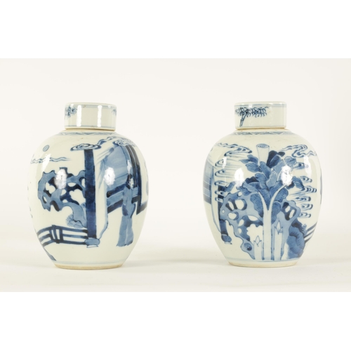 115 - A PAIR OF 19TH CENTURY CHINESE BLUE AND WHITE OVOID GINGER JARS AND COVERS with continuous fenced ga... 