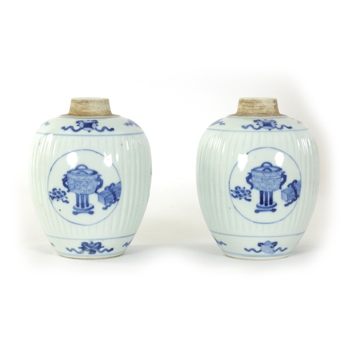 116 - A PAIR OF 19TH CENTURY CHINESE BLUE AND WHITE OVOID VASES the ribbed bodies decorated with panels de... 